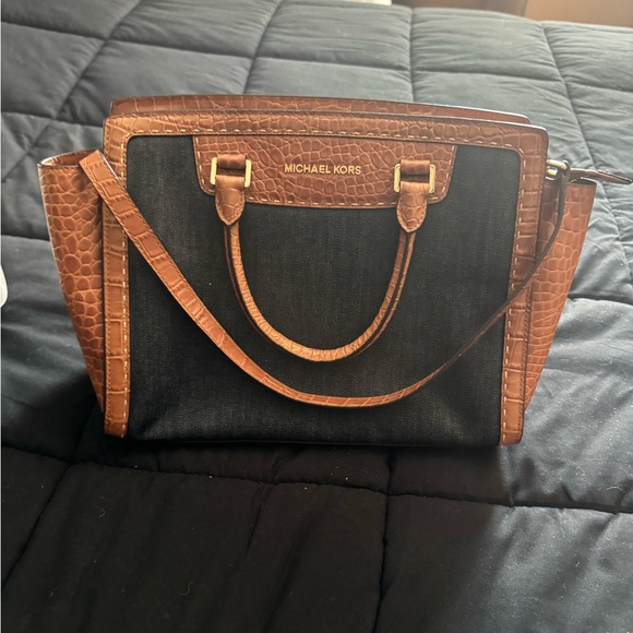 Michael Kors Handbags - Michael Kors Denim and Brown Satchel with Crocodile Texture